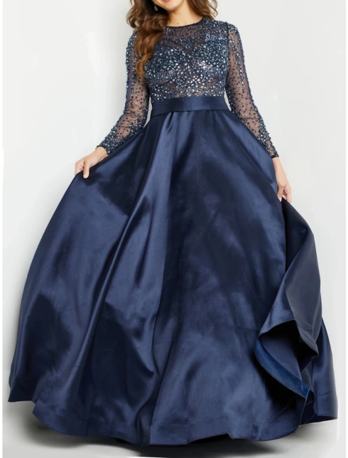 Abito da sera a trapezio, scintillante e brillante, per invitati a nozze formali, lunghezza al pavimento, maniche lunghe, scollo gioiello, paillettes con pieghe glitterate, 2025